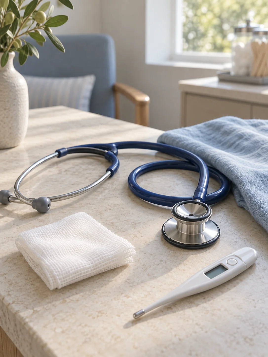 A blue stethoscope, dressing and thermometer in a sunlit care setting