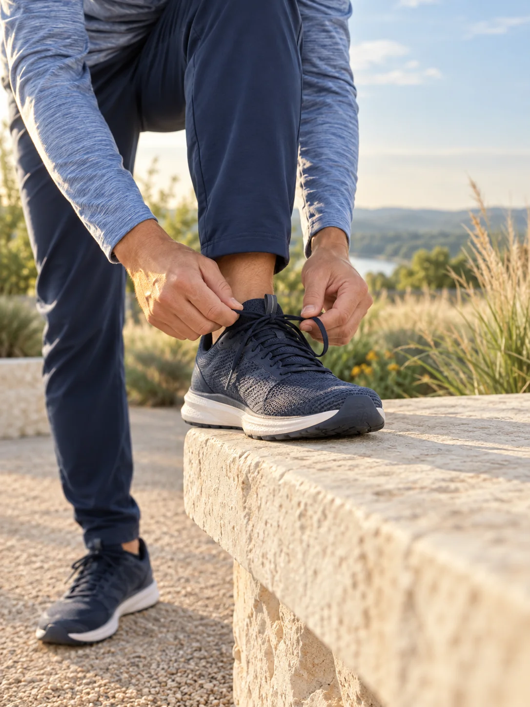 An adult tying a running shoe before a walk