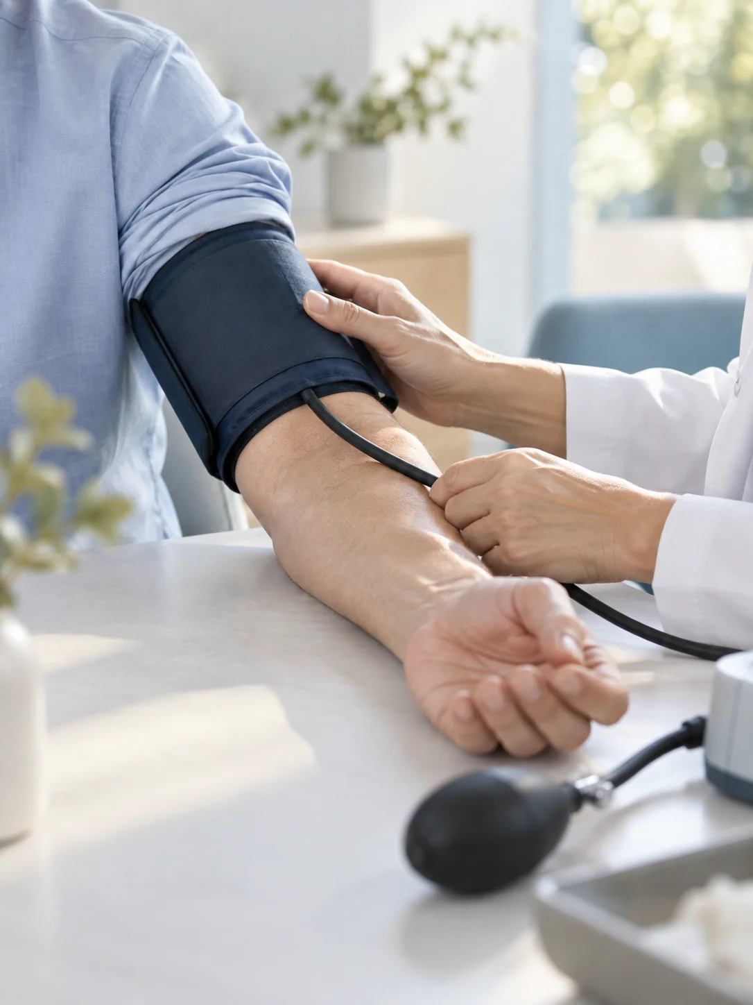 A clinician checking a blood pressure cuff on a patient’s arm