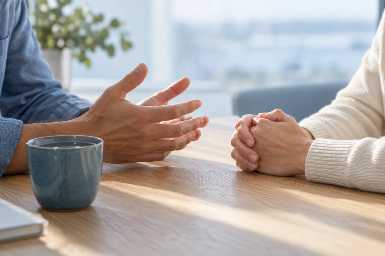 Hands resting at a table during an attentive conversation
