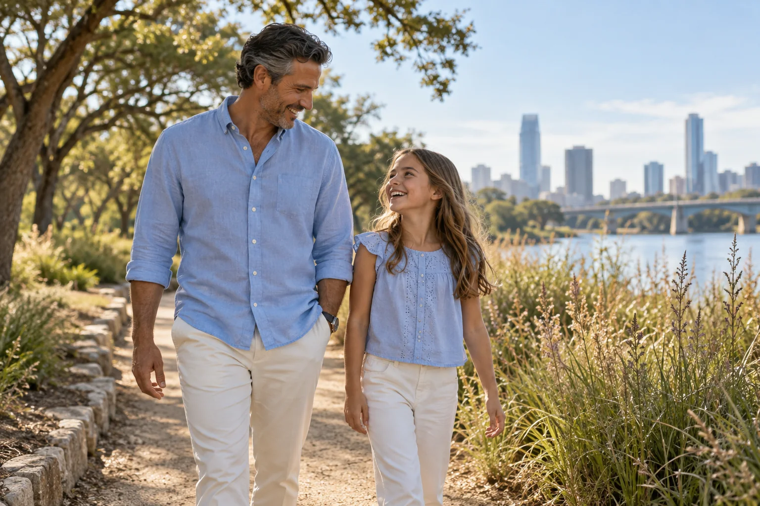 A father and daughter walking together in a park