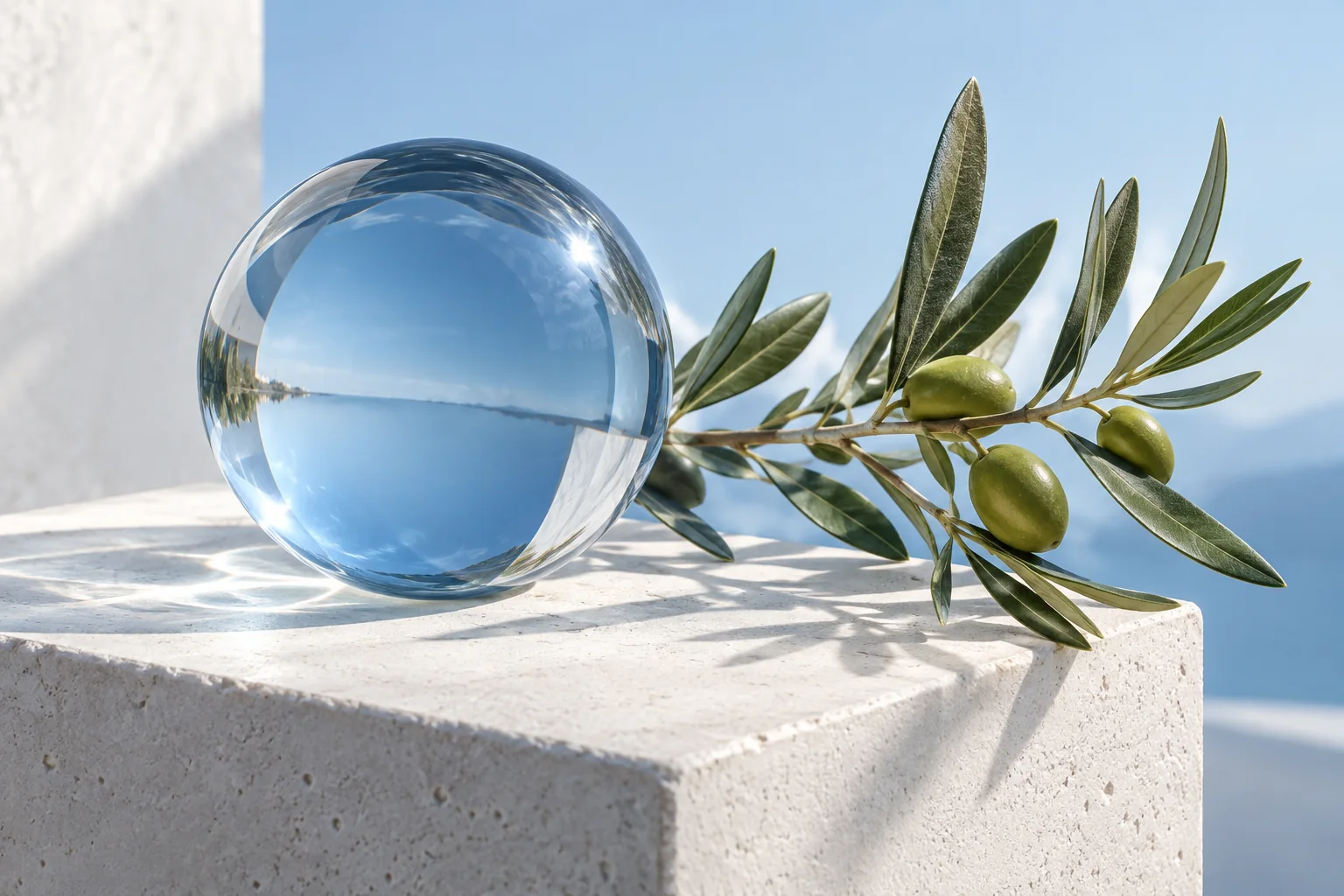 Blue optical glass and an olive sprig in sunlight